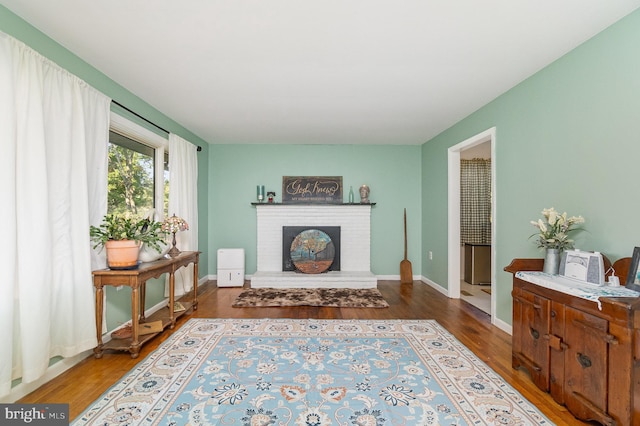 living area with a brick fireplace and wood-type flooring