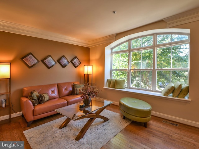 living room featuring wood-type flooring, ornamental molding, and a healthy amount of sunlight