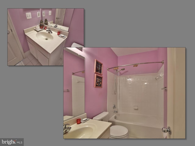 full bathroom with vanity, tiled shower / bath combo, toilet, and tile patterned floors