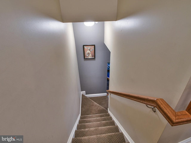 stairway featuring carpet flooring