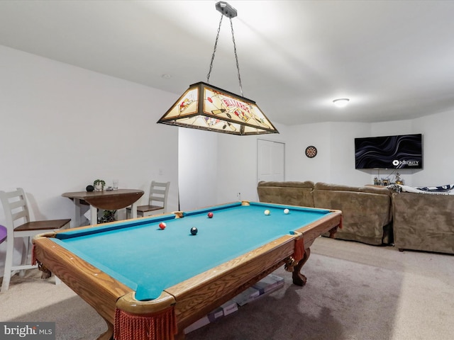 rec room featuring carpet floors and billiards
