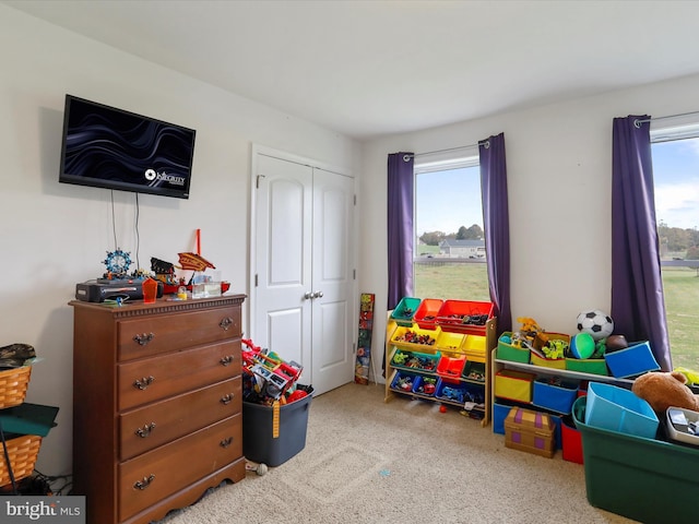 rec room with carpet floors and a healthy amount of sunlight