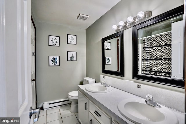 bathroom with tile patterned floors, toilet, a baseboard heating unit, curtained shower, and vanity