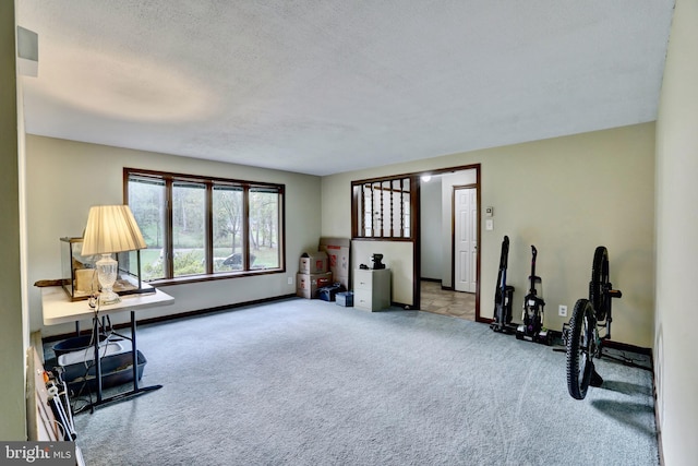 interior space featuring a textured ceiling and carpet floors