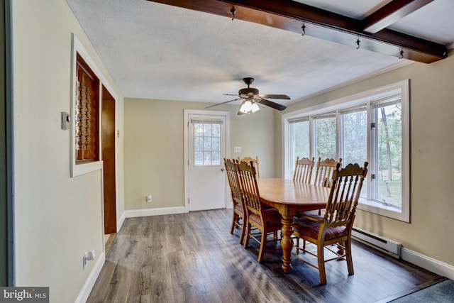 dining space featuring ceiling fan, a textured ceiling, beamed ceiling, and hardwood / wood-style floors