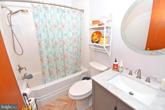 full bathroom with toilet, shower / bathtub combination with curtain, and vanity