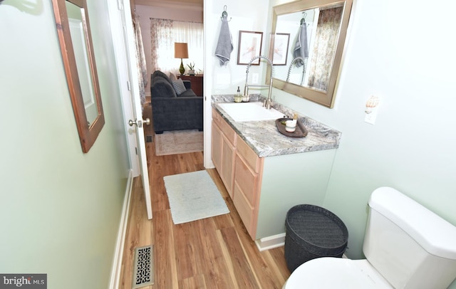 bathroom featuring vanity, toilet, and wood-type flooring