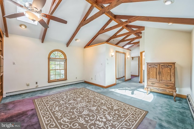 living room featuring vaulted ceiling with beams, a baseboard heating unit, light carpet, and ceiling fan