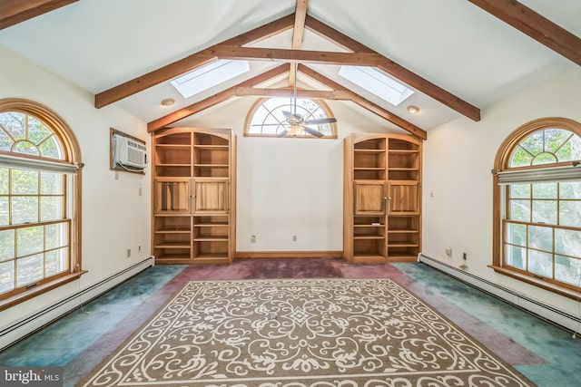 interior space featuring ceiling fan, vaulted ceiling with skylight, baseboard heating, and a wall unit AC