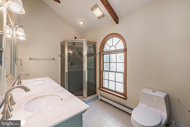 bathroom featuring toilet, a baseboard radiator, lofted ceiling with beams, vanity, and walk in shower