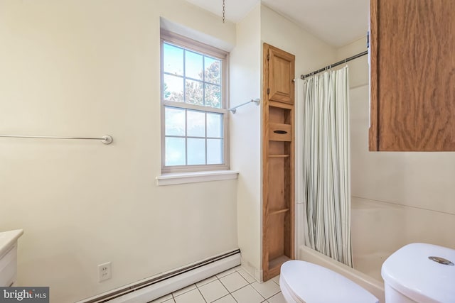 bathroom with a baseboard radiator, tile patterned flooring, toilet, and shower / bathtub combination with curtain