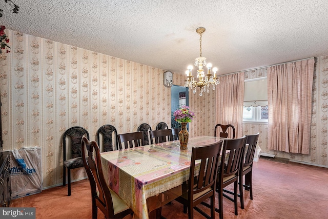 carpeted dining space with a textured ceiling and a chandelier