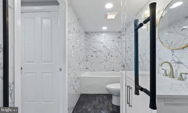 bathroom with shower / tub combination, tile walls, and toilet