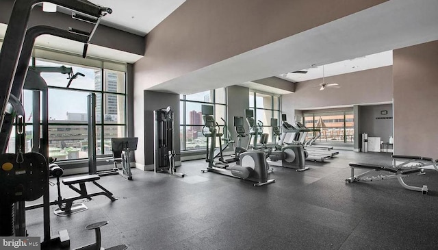 gym featuring a towering ceiling