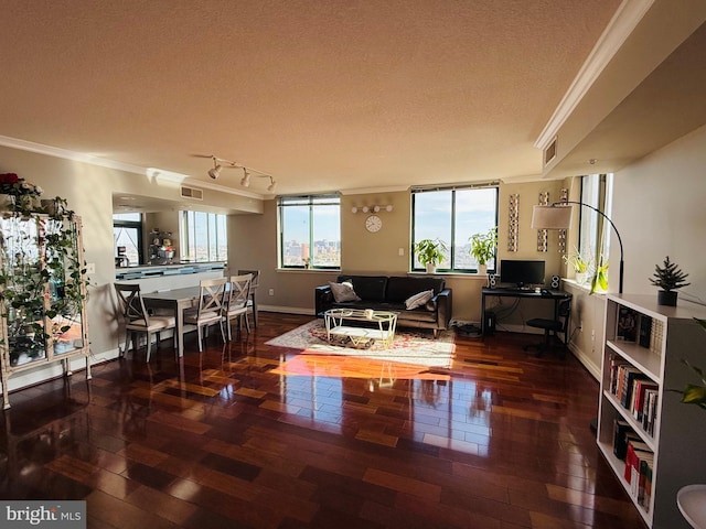 sitting room featuring dark hardwood / wood-style flooring, track lighting, ornamental molding, and a textured ceiling