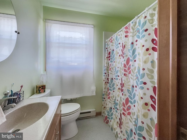 bathroom with vanity, toilet, a shower with curtain, and baseboard heating