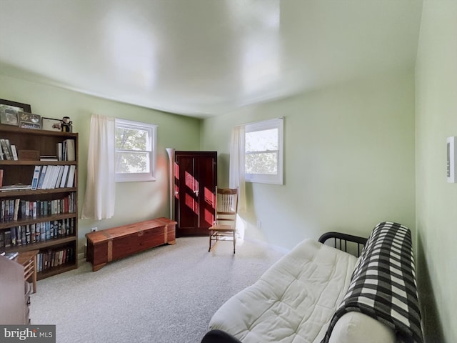 sitting room with a wealth of natural light and light colored carpet