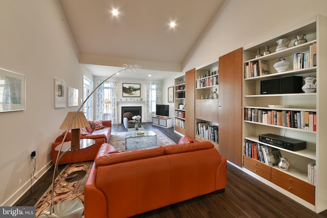 living room featuring dark hardwood / wood-style floors and high vaulted ceiling