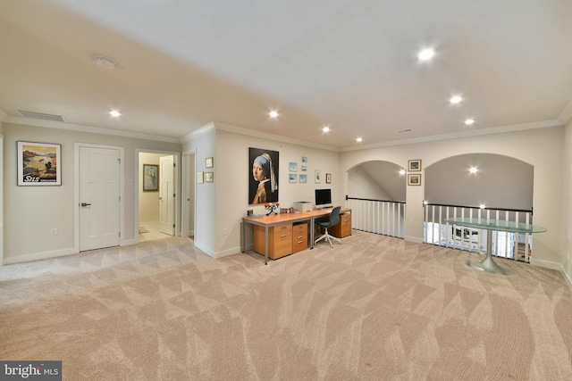 office featuring crown molding and light colored carpet