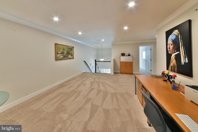 office space featuring crown molding and light carpet