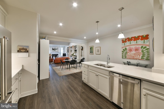 kitchen with appliances with stainless steel finishes, sink, dark hardwood / wood-style flooring, hanging light fixtures, and crown molding