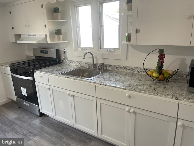 325 Howell School Rd, Bear, DE 19701 - kitchen with a sink, wood finished floors, stainless steel range with gas stovetop, open shelves, and under cabinet range hood