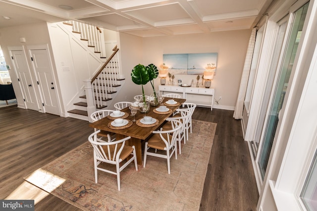 dining room featuring baseboards, coffered ceiling, dark wood-style flooring, stairs, and beam ceiling