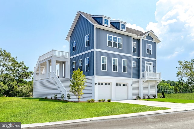 view of front facade featuring a front lawn, a balcony, and a garage