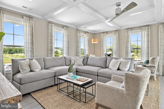 living room with beam ceiling, ceiling fan, coffered ceiling, and hardwood / wood-style floors