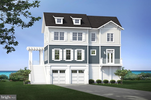 view of front of property with a water view, a balcony, a front yard, and a garage