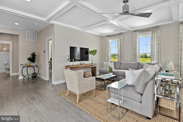 living room with coffered ceiling, beamed ceiling, ceiling fan, and hardwood / wood-style floors