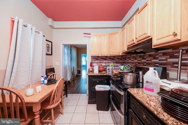 kitchen with light stone counters, stainless steel electric range oven, light hardwood / wood-style flooring, and tasteful backsplash