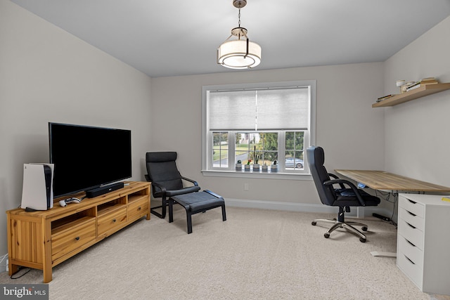 home office featuring light carpet