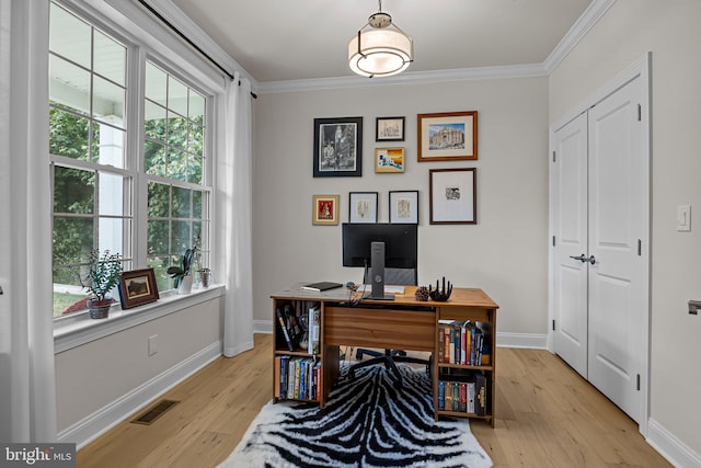 office featuring light hardwood / wood-style flooring, ornamental molding, and a wealth of natural light