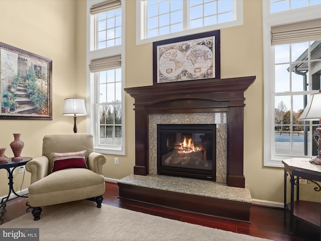 living area with a fireplace, hardwood / wood-style floors, and a high ceiling