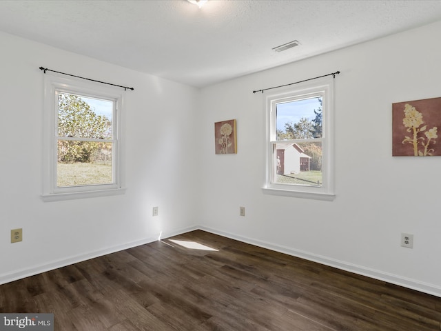 unfurnished room featuring a wealth of natural light, a textured ceiling, and dark hardwood / wood-style flooring