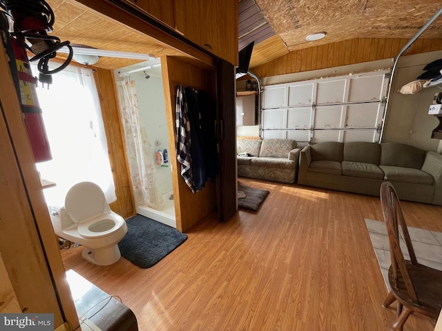 interior space featuring lofted ceiling and light hardwood / wood-style floors