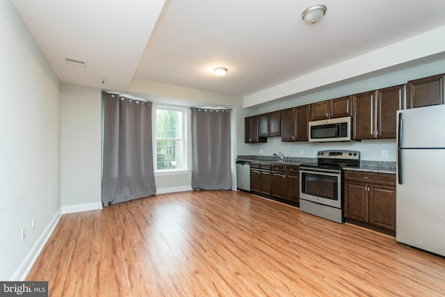 kitchen with light wood-type flooring, dark brown cabinets, and appliances with stainless steel finishes