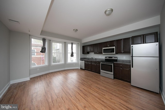 kitchen with stainless steel appliances, dark brown cabinetry, and light hardwood / wood-style flooring