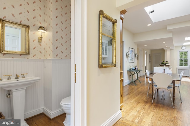 bathroom with wood finished floors, toilet, a sink, a skylight, and wainscoting