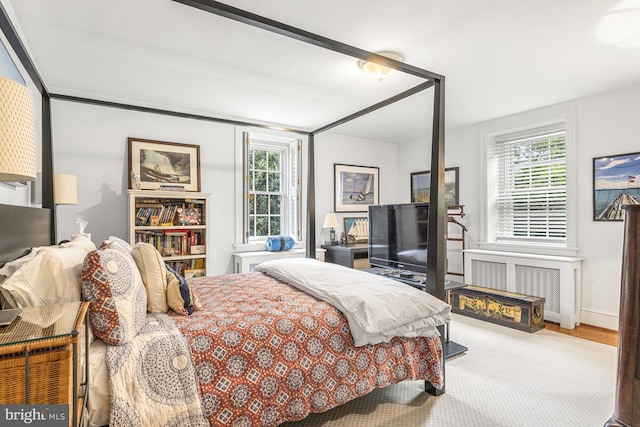 bedroom with radiator and multiple windows