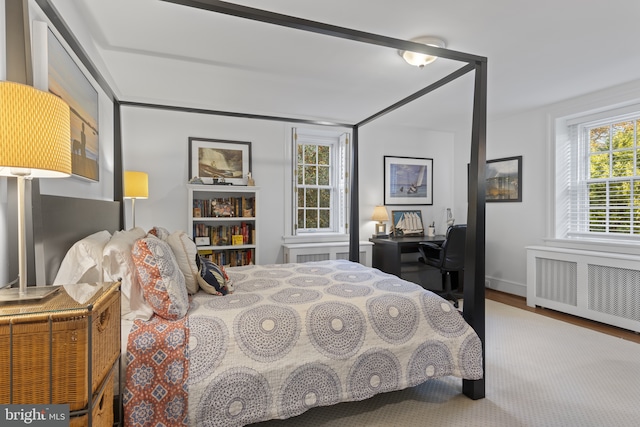 bedroom featuring radiator and wood finished floors