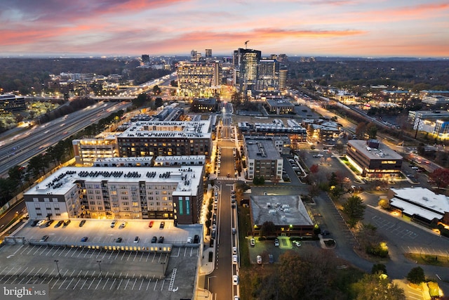 view of aerial view at dusk