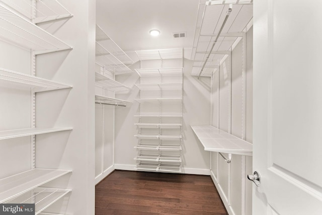 walk in closet with dark hardwood / wood-style flooring