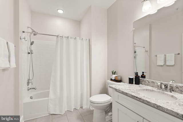 full bathroom with tile patterned flooring, vanity, toilet, and shower / bathtub combination with curtain