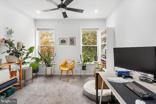 home office featuring carpet flooring and ceiling fan