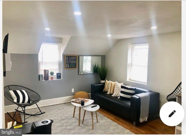 living room with hardwood / wood-style flooring, vaulted ceiling, and a wealth of natural light