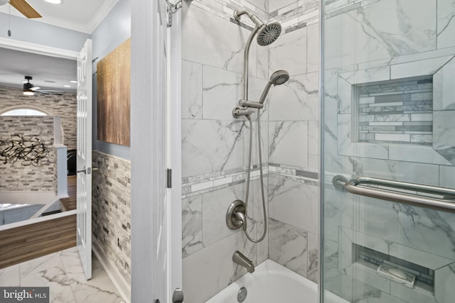 bathroom featuring ornamental molding, ceiling fan, tile walls, and shower / bath combination with glass door