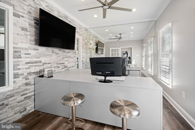 office featuring dark hardwood / wood-style floors and ornamental molding