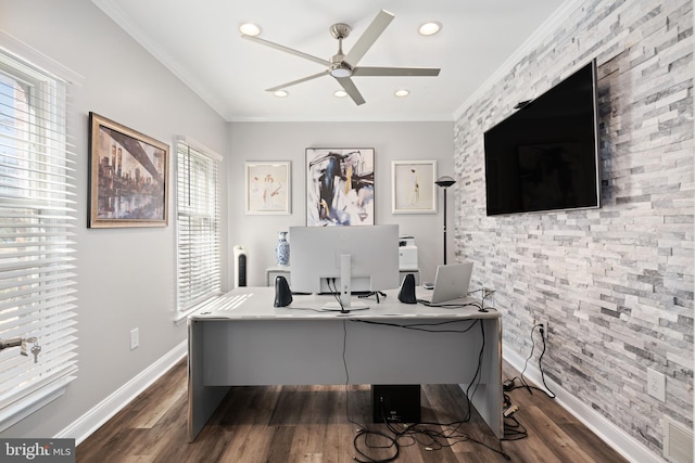 home office with ornamental molding, dark hardwood / wood-style flooring, and ceiling fan